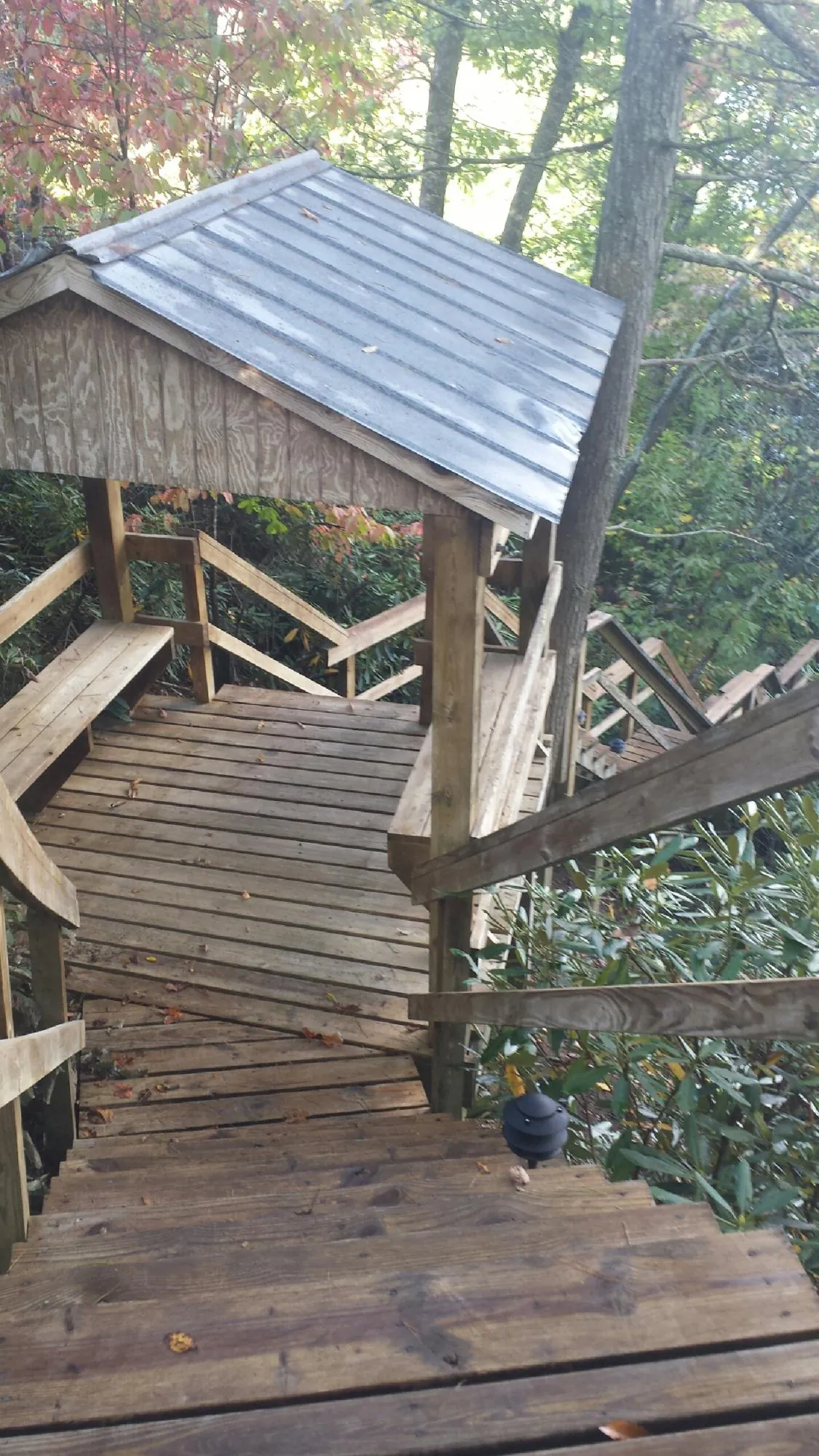 Metal roofed shelter over wooden steps on a wooded walkway — Skylight Repair & Installation work by our crew in Pilot Point